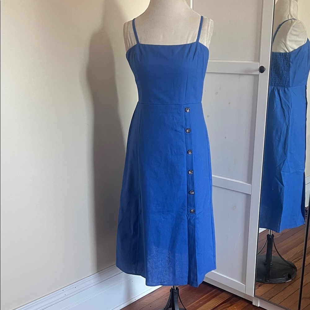 NWT Nine Britton Stitch Fix Vibrant Blue Linen Blend Smocked Midi Dress | Medium